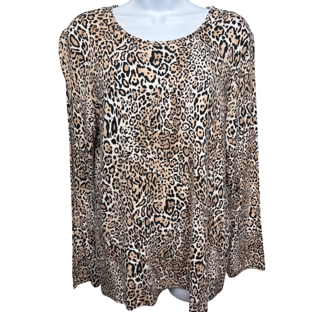 CHICO'S Womens Tan Leopard Long Sleeve The Ultimate Tee Sz 2/L Mob Wife Office